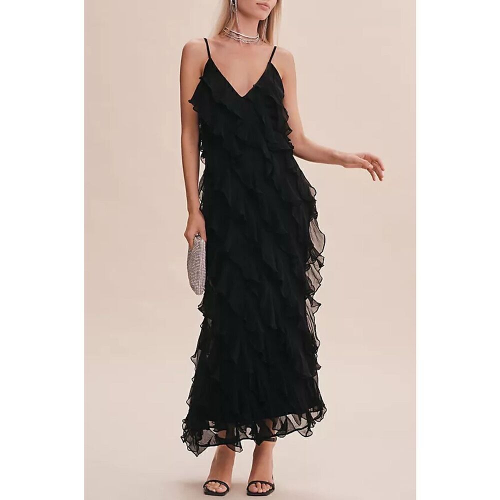 BHLDN Jia Bias-Cut Ruffled V-Neck Gown